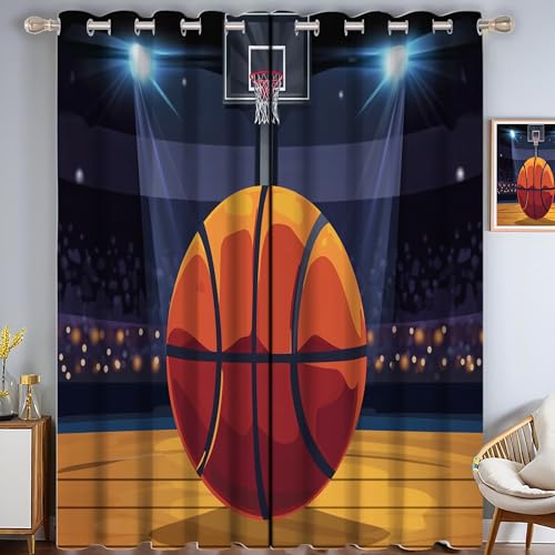 CAEITLRSO Cartoon-Basketball Verdunkelungsvorhang - Blau Braun Vorhang Blickdicht mit Ösen, Hallenplatz Geräuschreduzierend Thermovorhang für Wohnzimmer Schlafzimmer, H 245 x B 145 cm (2er Pack) von CAEITLRSO