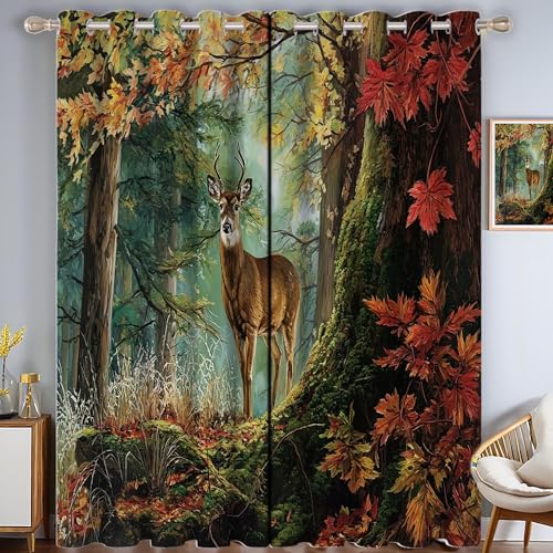 CAEITLRSO Elegant Hirsch Verdunkelungsvorhang - Rot Braun Vorhang Blickdicht mit Ösen, Kiefernwald Geräuschreduzierend Thermovorhang für Wohnzimmer Schlafzimmer, H 214 x B 91.5 cm (2er Pack) von CAEITLRSO