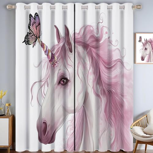 CAEITLRSO Elegant Pferd Verdunkelungsvorhang - Rosa Vorhang Blickdicht mit Ösen, Schmetterling Druck Geräuschreduzierend Thermovorhang für Wohnzimmer Schlafzimmer, H 214 x B 91.5 cm (2er Pack) von CAEITLRSO