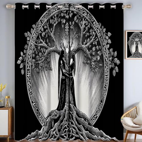 CAEITLRSO Elfengöttin Verdunkelungsvorhang - Schwarz Grau Vorhang Blickdicht mit Ösen, Baum des Lebens Geräuschreduzierend Thermovorhang für Wohnzimmer Schlafzimmer, H 215 x B 110 cm (2er Pack) von CAEITLRSO