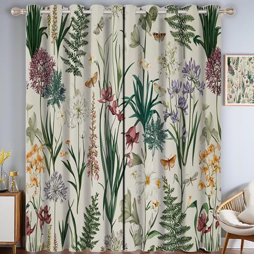 CAEITLRSO Farne Verdunkelungsvorhang - Grün Lila Vorhang Blickdicht mit Ösen, Narzissen Schmetterlinge Geräuschreduzierend Thermovorhang für Wohnzimmer Schlafzimmer, H 214 x B 91.5 cm (2er Pack) von CAEITLRSO