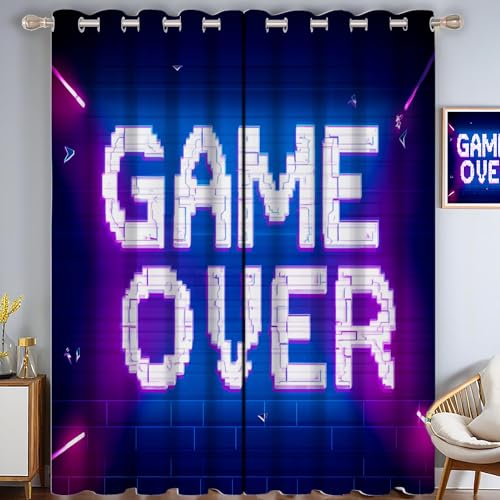 CAEITLRSO Game Over Verdunkelungsvorhang - Neonblau Lila Vorhang Blickdicht mit Ösen, Retro Glitch Geräuschreduzierend Thermovorhang für Wohnzimmer Schlafzimmer, H 214 x B 91.5 cm (2er Pack) von CAEITLRSO