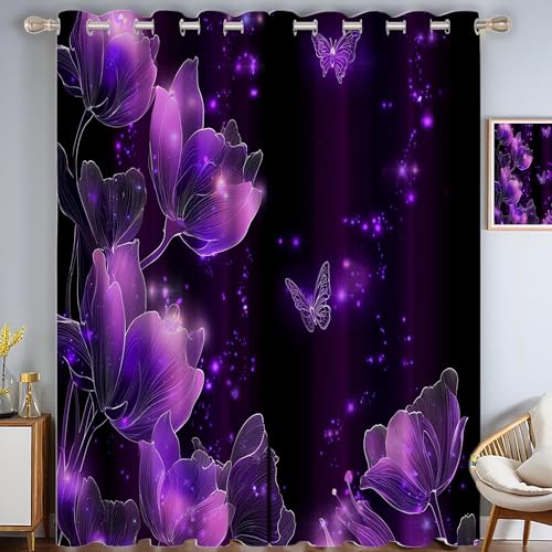 CAEITLRSO Glitzer Blumen Verdunkelungsvorhang - Reines Lila Vorhang Blickdicht mit Ösen, Schmetterling Geräuschreduzierend Thermovorhang für Wohnzimmer Schlafzimmer, H 214 x B 91.5 cm (2er Pack) von CAEITLRSO