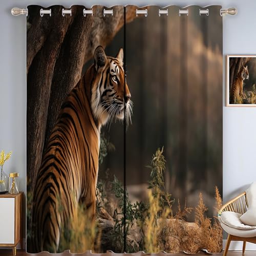 CAEITLRSO Indischer Tiger Verdunkelungsvorhang - Orange Braun Vorhang Blickdicht mit Ösen, Wildtiere Tiere Geräuschreduzierend Thermovorhang für Wohnzimmer Schlafzimmer, H 214 x B 91.5 cm (2er Pack) von CAEITLRSO