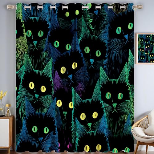 CAEITLRSO Katzengesicht Verdunkelungsvorhang - Grün Blau Vorhang Blickdicht mit Ösen, Nahtlos Tier Geräuschreduzierend Thermovorhang für Wohnzimmer Schlafzimmer, H 215 x B 110 cm (2er Pack) von CAEITLRSO