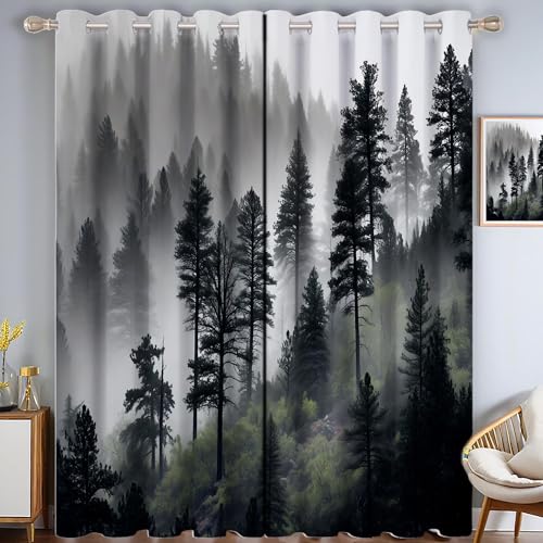 CAEITLRSO Kiefernwald Verdunkelungsvorhang - Grau Grün Vorhang Blickdicht mit Ösen, Grauer Himmel Geräuschreduzierend Thermovorhang für Wohnzimmer Schlafzimmer, H 215 x B 110 cm (2er Pack) von CAEITLRSO