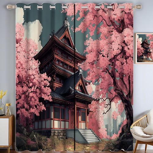CAEITLRSO Kirschblüten Tempel Verdunkelungsvorhang-Set Für Schlafzimmer 3D-Druck Architektur Illustration Vorhänge Blickdicht Für Dekoration Wohnzimmer (166 x 75 cm (BxH)) von CAEITLRSO