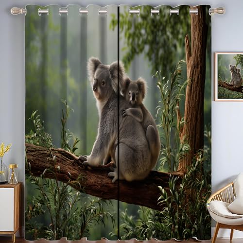 CAEITLRSO Koala Zweig Verdunkelungsvorhang-Set Für Schlafzimmer 3D-Druck Natur Fotografie Vorhänge Blickdicht Für Dekoration Wohnzimmer (214 x 91.5 cm (BxH)) von CAEITLRSO