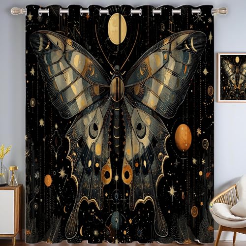 CAEITLRSO Mond Sterne Verdunkelungsvorhang - Schwarz Gold Vorhang Blickdicht mit Ösen, Zart Schmetterling Geräuschreduzierend Thermovorhang für Wohnzimmer Schlafzimmer, H 166 x B 75 cm (2er Pack) von CAEITLRSO