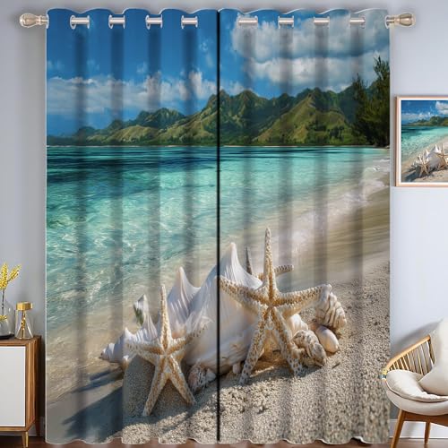 CAEITLRSO Muschel Seestern Verdunkelungsvorhang - Blau Grün Vorhang Blickdicht mit Ösen, Strand Berge Geräuschreduzierend Thermovorhang für Wohnzimmer Schlafzimmer, H 215 x B 110 cm (2er Pack) von CAEITLRSO