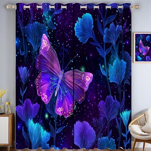 CAEITLRSO Neon Schmetterling Verdunkelungsvorhang - Lila Blau Vorhang Blickdicht mit Ösen, Fantasy Blumen Geräuschreduzierend Thermovorhang für Wohnzimmer Schlafzimmer, H 214 x B 91.5 cm (2er Pack) von CAEITLRSO