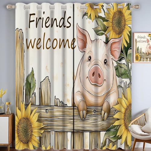 CAEITLRSO Niedlich Schweinchen Verdunkelungsvorhang-Set Für Schlafzimmer 3D-Druck Sonnenblume Zaun Vorhänge Blickdicht Für Dekoration Wohnzimmer (166 x 75 cm (BxH)) von CAEITLRSO