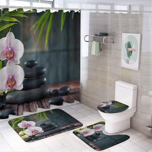 CAEITLRSO Orchidee Steine Duschvorhang 180cm X 200cm Spa Hintergrund Badezimmerteppich 4-teiliges Set, Shower Curtains Wasserdicht Duschvorhang Mit Teppichen 4-teiliges (180cm X 200cm(BxH)) von CAEITLRSO