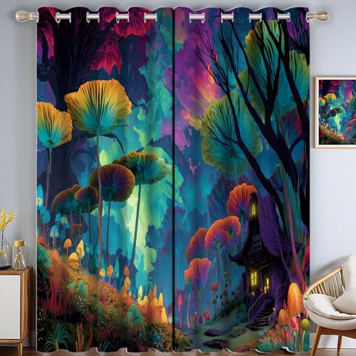 CAEITLRSO Pilzdorf Verdunkelungsvorhang - Lila Cyan Vorhang Blickdicht mit Ösen, Cartoon Hütte Geräuschreduzierend Thermovorhang für Wohnzimmer Schlafzimmer, H 215 x B 110 cm (2er Pack) von CAEITLRSO