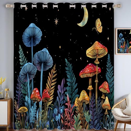 CAEITLRSO Pilze Farne Verdunkelungsvorhang - Blau Rot Vorhang Blickdicht mit Ösen, Mond Sterne Geräuschreduzierend Thermovorhang für Wohnzimmer Schlafzimmer, H 245 x B 145 cm (2er Pack) von CAEITLRSO