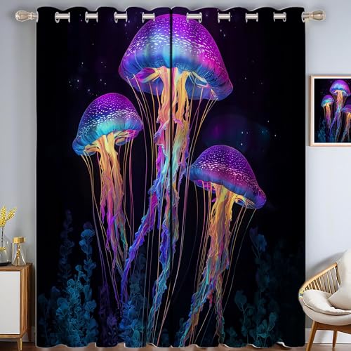 CAEITLRSO Psychedelisch Quallen Verdunkelungsvorhang-Set Für Schlafzimmer 3D-Druck Vintage Poster Vorhänge Blickdicht Für Dekoration Wohnzimmer (166 x 75 cm (BxH)) von CAEITLRSO