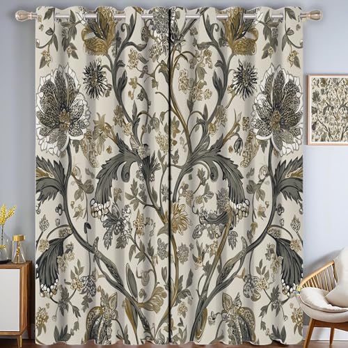 CAEITLRSO Ranken Blumen Verdunkelungsvorhang - Grau Braun Vorhang Blickdicht mit Ösen, Mittelalter Stil Geräuschreduzierend Thermovorhang für Wohnzimmer Schlafzimmer, H 214 x B 91.5 cm (2er Pack) von CAEITLRSO