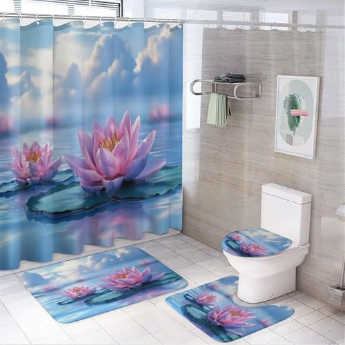 CAEITLRSO Rosa Seerose Duschvorhang 180cm X 180cm Teich Spiegelung Badezimmerteppich 4-teiliges Set, Shower Curtains Wasserdicht Duschvorhang Mit Teppichen 4-teiliges (180cm X 180cm(BxH)) von CAEITLRSO