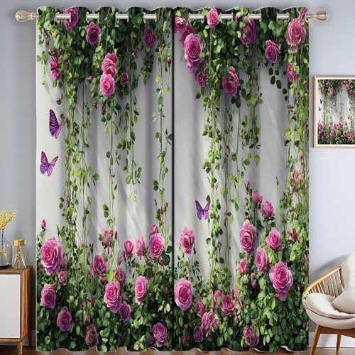 CAEITLRSO Rose Schmetterling Verdunkelungsvorhang - Rosa Grün Vorhang Blickdicht mit Ösen, Blumenwand Geräuschreduzierend Thermovorhang für Wohnzimmer Schlafzimmer, H 215 x B 110 cm (2er Pack) von CAEITLRSO