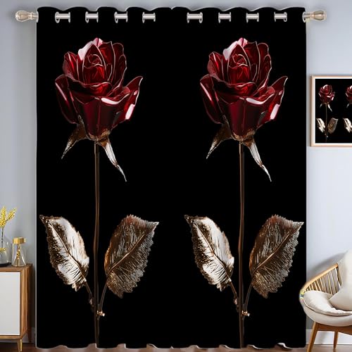 CAEITLRSO Rote Rose Verdunkelungsvorhang - Rot Gold Vorhang Blickdicht mit Ösen, Elegant Romantisch Geräuschreduzierend Thermovorhang für Wohnzimmer Schlafzimmer, H 214 x B 91.5 cm (2er Pack) von CAEITLRSO