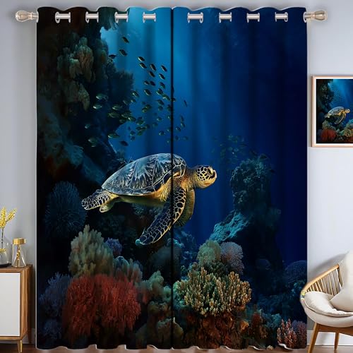 CAEITLRSO Schildkröten Fische Verdunkelungsvorhang - Dunkelblau Vorhang Blickdicht mit Ösen, Korallenriffe Geräuschreduzierend Thermovorhang für Wohnzimmer Schlafzimmer, H 245 x B 145 cm (2er Pack) von CAEITLRSO