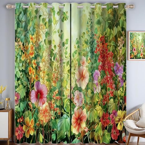 CAEITLRSO Schön Garten Verdunkelungsvorhang - Grün Rosa Vorhang Blickdicht mit Ösen, Üppig Blumen Geräuschreduzierend Thermovorhang für Wohnzimmer Schlafzimmer, H 245 x B 145 cm (2er Pack) von CAEITLRSO