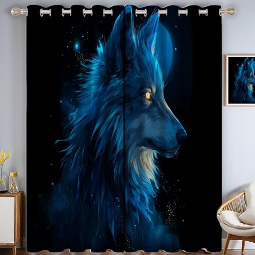 CAEITLRSO Schön Wolf Verdunkelungsvorhang - Blau Vorhang Blickdicht mit Ösen, Fantasy Tiere Geräuschreduzierend Thermovorhang für Wohnzimmer Schlafzimmer, H 215 x B 110 cm (2er Pack) von CAEITLRSO