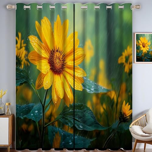 CAEITLRSO Sonnenblume Verdunkelungsvorhang - Gelb Grün Vorhang Blickdicht mit Ösen, Regentag Garten Geräuschreduzierend Thermovorhang für Wohnzimmer Schlafzimmer, H 215 x B 110 cm (2er Pack) von CAEITLRSO