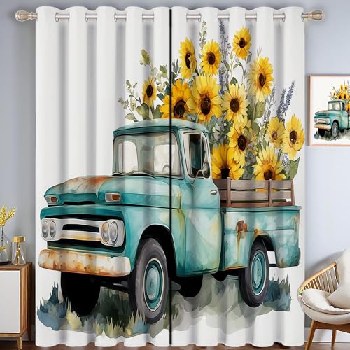 CAEITLRSO Sonnenblumen LKW Verdunkelungsvorhang - Blau Gelb Vorhang Blickdicht mit Ösen, Aquarell Geräuschreduzierend Thermovorhang für Wohnzimmer Schlafzimmer, H 166 x B 75 cm (2er Pack) von CAEITLRSO