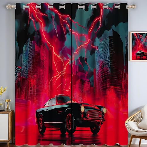 CAEITLRSO Stadtbild Verdunkelungsvorhang - Schwarz Rot Vorhang Blickdicht mit Ösen, Blitz Auto Geräuschreduzierend Thermovorhang für Wohnzimmer Schlafzimmer, H 214 x B 91.5 cm (2er Pack) von CAEITLRSO