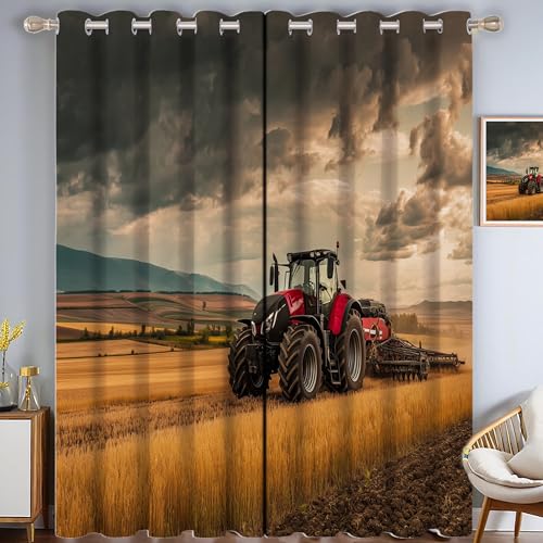 CAEITLRSO Traktor Verdunkelungsvorhang - Goldgelb Vorhang Blickdicht mit Ösen, Gold Feld Geräuschreduzierend Thermovorhang für Wohnzimmer Schlafzimmer, H 245 x B 145 cm (2er Pack) von CAEITLRSO