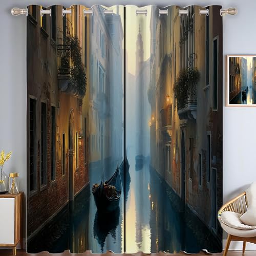 CAEITLRSO Venedig Gebäude Verdunkelungsvorhang - Braun Vorhang Blickdicht mit Ösen, Kanäle Boote Geräuschreduzierend Thermovorhang für Wohnzimmer Schlafzimmer, H 215 x B 110 cm (2er Pack) von CAEITLRSO