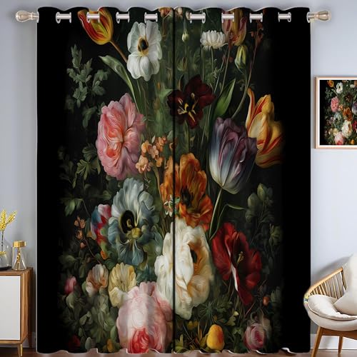 CAEITLRSO Vintage Blumen Verdunkelungsvorhang - Rosa Rot Vorhang Blickdicht mit Ösen, Rosen Und Tulpen Geräuschreduzierend Thermovorhang für Wohnzimmer Schlafzimmer, H 215 x B 110 cm (2er Pack) von CAEITLRSO