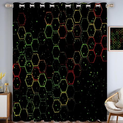 CAEITLRSO Waben Sechseck Verdunkelungsvorhang - Neongrün Rot Vorhang Blickdicht mit Ösen, Futuristisch Geräuschreduzierend Thermovorhang für Wohnzimmer Schlafzimmer, H 215 x B 110 cm (2er Pack) von CAEITLRSO