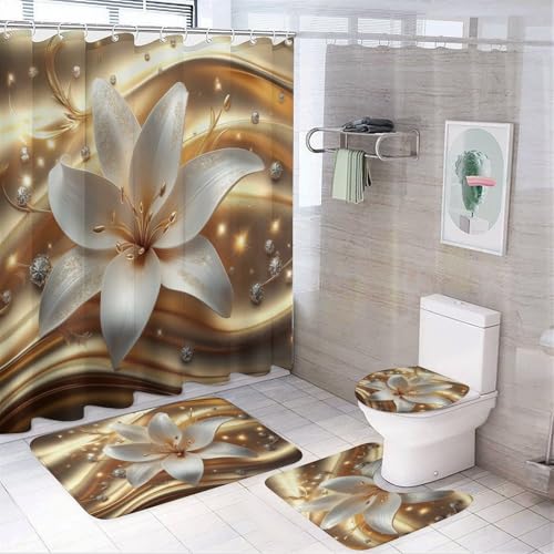 CAEITLRSO Weiß Lilie Blume Duschvorhang 180cm X 180cm Gold Wellig Hintergrund Badezimmerteppich 4-teiliges Set, Shower Curtains Wasserdicht Duschvorhang Mit Teppichen 4-teiliges (180cm X 180cm(BxH)) von CAEITLRSO
