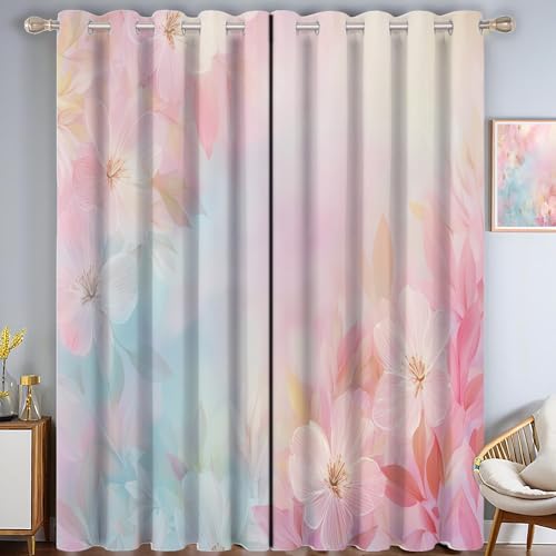 CAEITLRSO Zart Blumig Verdunkelungsvorhang - Rosa Blau Vorhang Blickdicht mit Ösen, Elegant Verträumt Geräuschreduzierend Thermovorhang für Wohnzimmer Schlafzimmer, H 214 x B 91.5 cm (2er Pack) von CAEITLRSO