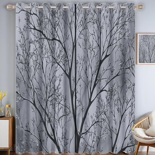 CAEITLRSO Zweige Blätter Verdunkelungsvorhang - Grau Silber Vorhang Blickdicht mit Ösen, Natur Drucke Geräuschreduzierend Thermovorhang für Wohnzimmer Schlafzimmer, H 215 x B 110 cm (2er Pack) von CAEITLRSO