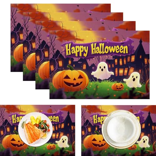 Cartoon Spukhaus Platzdeckchen aus Leinen, wasserdicht, waschbar, hitzebeständig, 6 Stück, Kürbis Geist für ESS-/Küchentisch, Lila Orange 30x45cm von CAEITLRSO