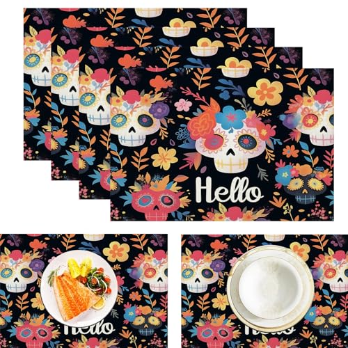Cartoon-Totenköpfe Tischsets, 6 Stück, Bunt, Lustiges Nahtloses Design Tischset, 30 x 45 cm, saisonale hitzebeständige Tischsets für Party, Küche, Esszimmer von CAEITLRSO