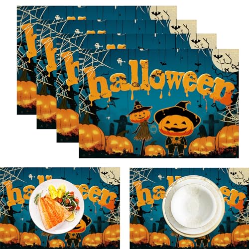 Cartoon Vogelscheuche Platzdeckchen aus Leinen, wasserdicht, waschbar, hitzebeständig, 6 Stück, Halloween Kürbis für ESS-/Küchentisch, Orange Blau 30x45cm Cartoon Vogelscheuche Platzdeckchen aus Leinen, wasserdicht, waschbar, hitzebeständig, 6 Stück, Halloween Kürbis für ESS-/Küchentisch, Orange Blau 30x45cm von CAEITLRSO