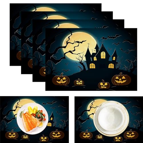 Cartoons Spukhäuser Tischsets, 4 Stück, Blau Gelb, Kürbisse Bäume Tischset, 30 x 45 cm, saisonale hitzebeständige Tischsets für Party, Küche, Esszimmer Cartoons Spukhäuser Tischsets, 4 Stück, Blau Gelb, Kürbisse Bäume Tischset, 30 x 45 cm, saisonale hitzebeständige Tischsets für Party, Küche, Esszimmer von CAEITLRSO