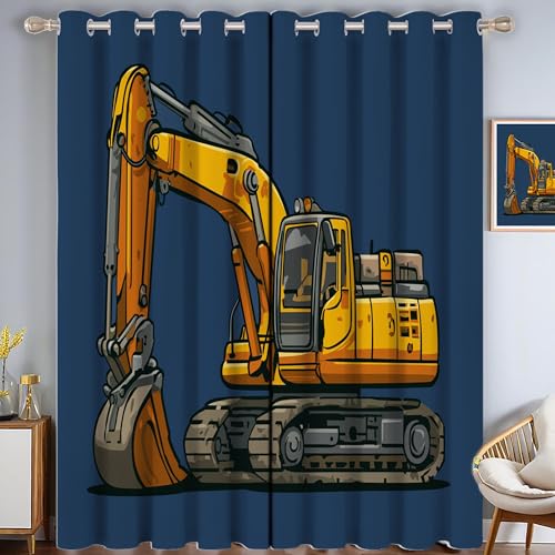Einfach Bagger Verdunkelungsvorhang - Gelb Blau Vorhang Blickdicht mit Ösen, Cartoon Design Geräuschreduzierend Thermovorhang für Wohnzimmer Schlafzimmer, H 215 x B 110 cm (2er Pack) von CAEITLRSO