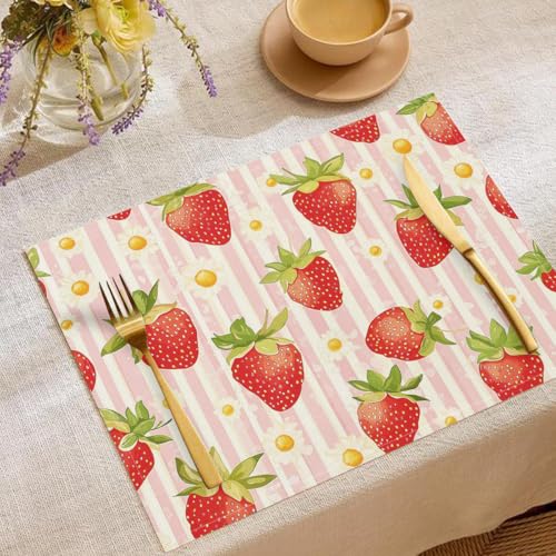 Erdbeere Blume Tischsets Einfach Streifen Waschbar Stoff Dekoration Tischsets Platzset Tischdekorations Digitaldruck Platzsets für Küche 45 x 30 cm 4 Stück von CAEITLRSO