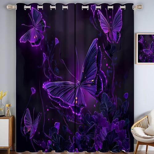 Fantasy Schmetterling Verdunkelungsvorhang - Lila Vorhang Blickdicht mit Ösen, Cartoon Tiere Geräuschreduzierend Thermovorhang für Wohnzimmer Schlafzimmer, H 215 x B 110 cm (2er Pack) von CAEITLRSO