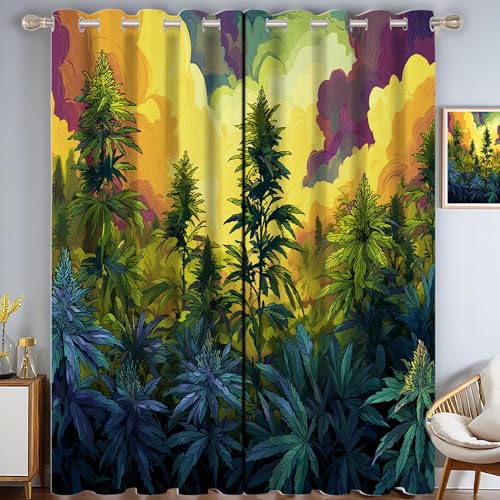 Felder Pflanzen Verdunkelungsvorhang - Gelb Grün Vorhang Blickdicht mit Ösen, Psychedelisch Landschaft Geräuschreduzierend Thermovorhang für Wohnzimmer Schlafzimmer, H 215 x B 110 cm (2er Pack) von CAEITLRSO