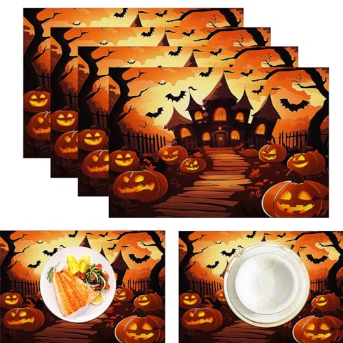 Fledermäuse Kürbisse Tischsets, 4 Stück, Schwarz Rot, Wald Spukhaus Tischset, 30 x 45 cm, saisonale hitzebeständige Tischsets für Party, Küche, Esszimmer von CAEITLRSO