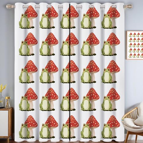 Frosch Pilz Verdunkelungsvorhang - Grün Rot Vorhang Blickdicht mit Ösen, Chibi Tiere Geräuschreduzierend Thermovorhang für Wohnzimmer Schlafzimmer, H 214 x B 91.5 cm (2er Pack) von CAEITLRSO
