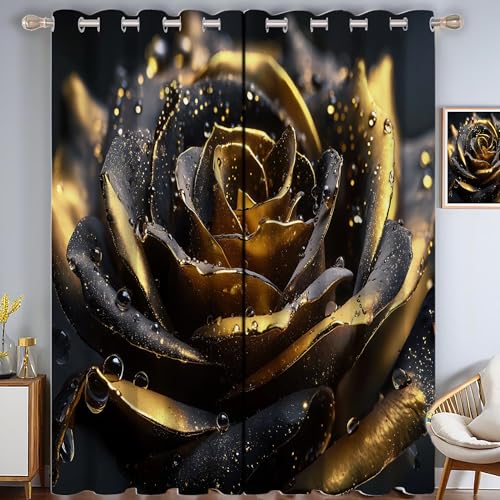 Geheimnisvoll Rosa Verdunkelungsvorhang - Schwarz Gold Vorhang Blickdicht mit Ösen, Romantisch Exquisit Geräuschreduzierend Thermovorhang für Wohnzimmer Schlafzimmer, H 245 x B 145 cm (2er Pack) von CAEITLRSO