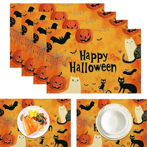 Geist Katze Platzdeckchen aus Leinen, wasserdicht, waschbar, hitzebeständig, 4 Stück, Halloween Kürbis Fledermaus für ESS-/Küchentisch, Orange Schwarz 30x45cm Geist Katze Platzdeckchen aus Leinen, wasserdicht, waschbar, hitzebeständig, 4 Stück, Halloween Kürbis Fledermaus für ESS-/Küchentisch, Orange Schwarz 30x45cm von CAEITLRSO