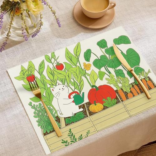Gemüse Kräuter Tischsets Garten Katzen Waschbar Stoff Dekoration Tischsets Platzset Tischdekorations Digitaldruck Platzsets für Küche 45 x 30 cm 6 Stück von CAEITLRSO